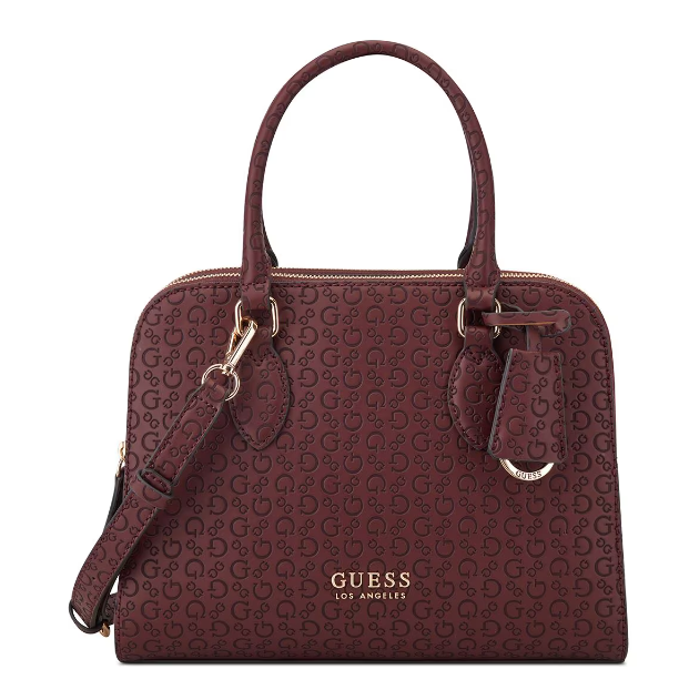 GUESS LOGO WHITE store AND BURGUNDY HANDBAG